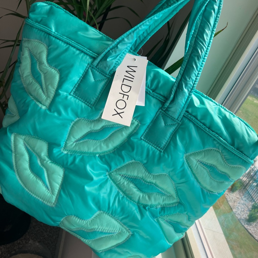 Wildfox Teal Quilted Tote Bag | Puffer Style Lip Print Tote